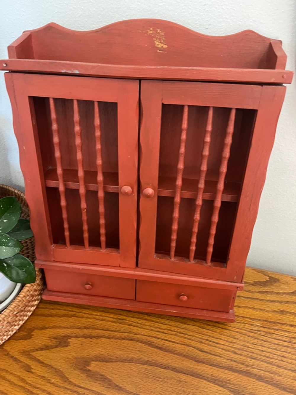 Vintage Red Wooden Wall spice rack with Spindle Doors & drawers
